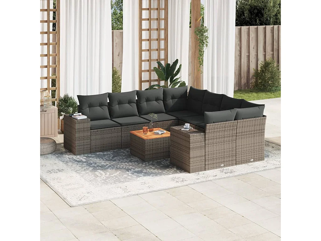 Salon de jardin 9 pcs avec coussins gris résine tressée
