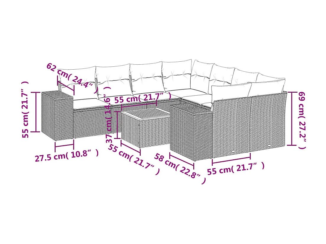 Salon de jardin 9 pcs avec coussins gris résine tressée