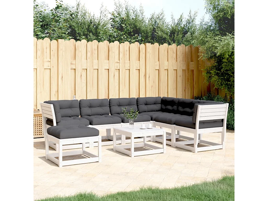 Salon de jardin 7 pcs avec coussins blanc bois de pin massif