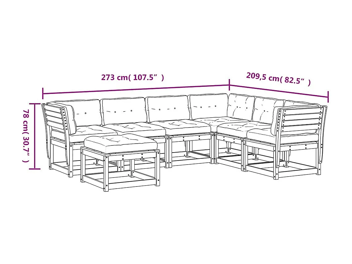 Salon de jardin 7 pcs avec coussins blanc bois de pin massif