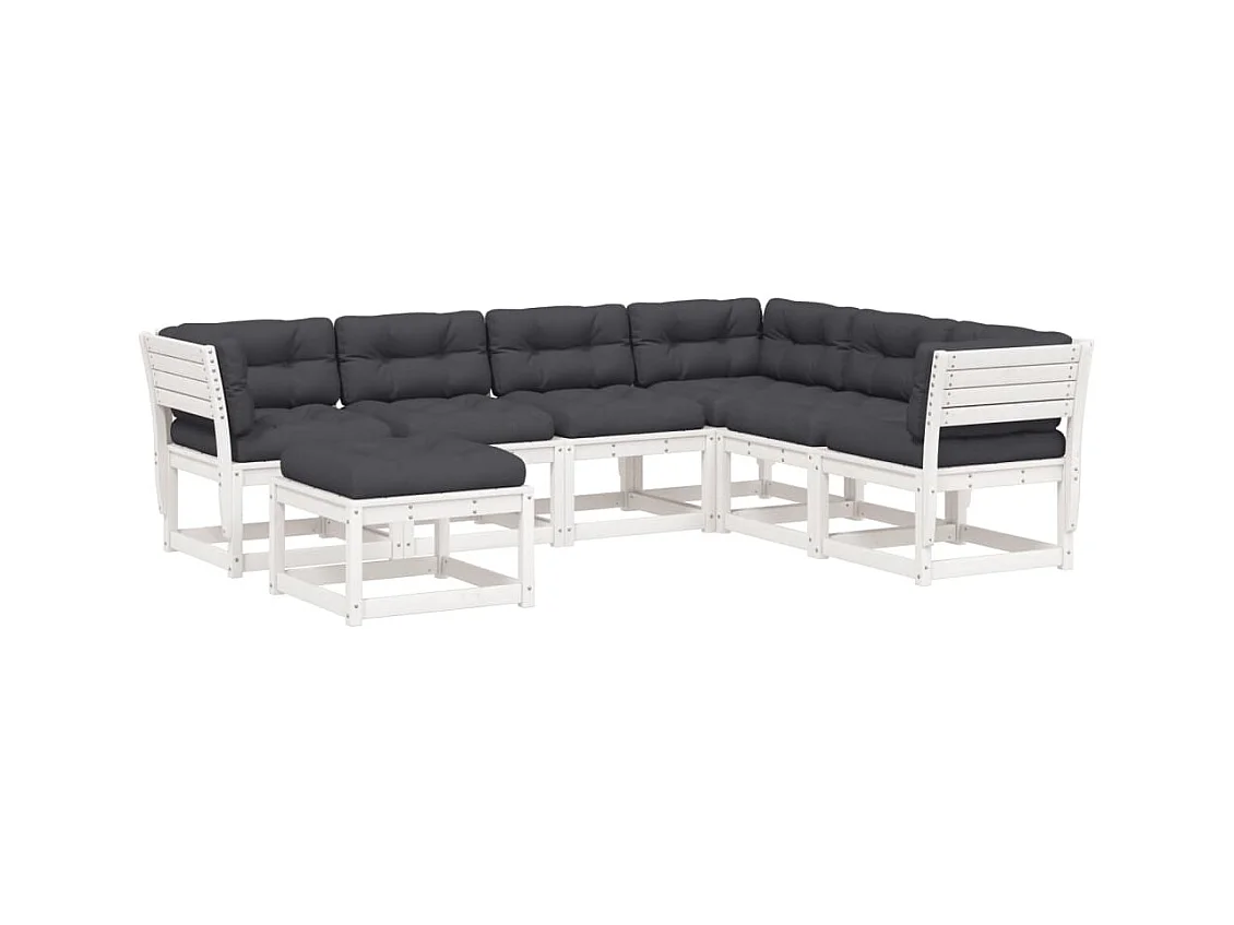 Salon de jardin 7 pcs avec coussins blanc bois de pin massif