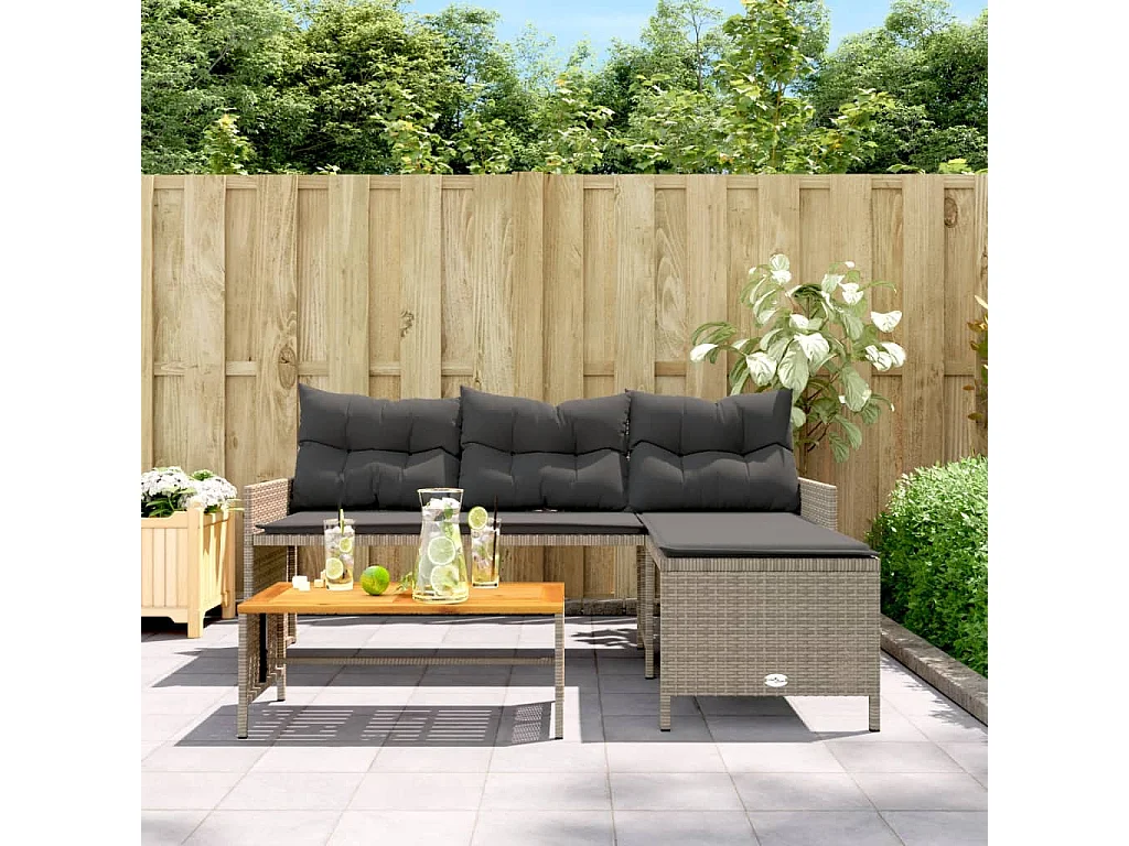 Canapé de jardin avec table et coussins en forme de L gris