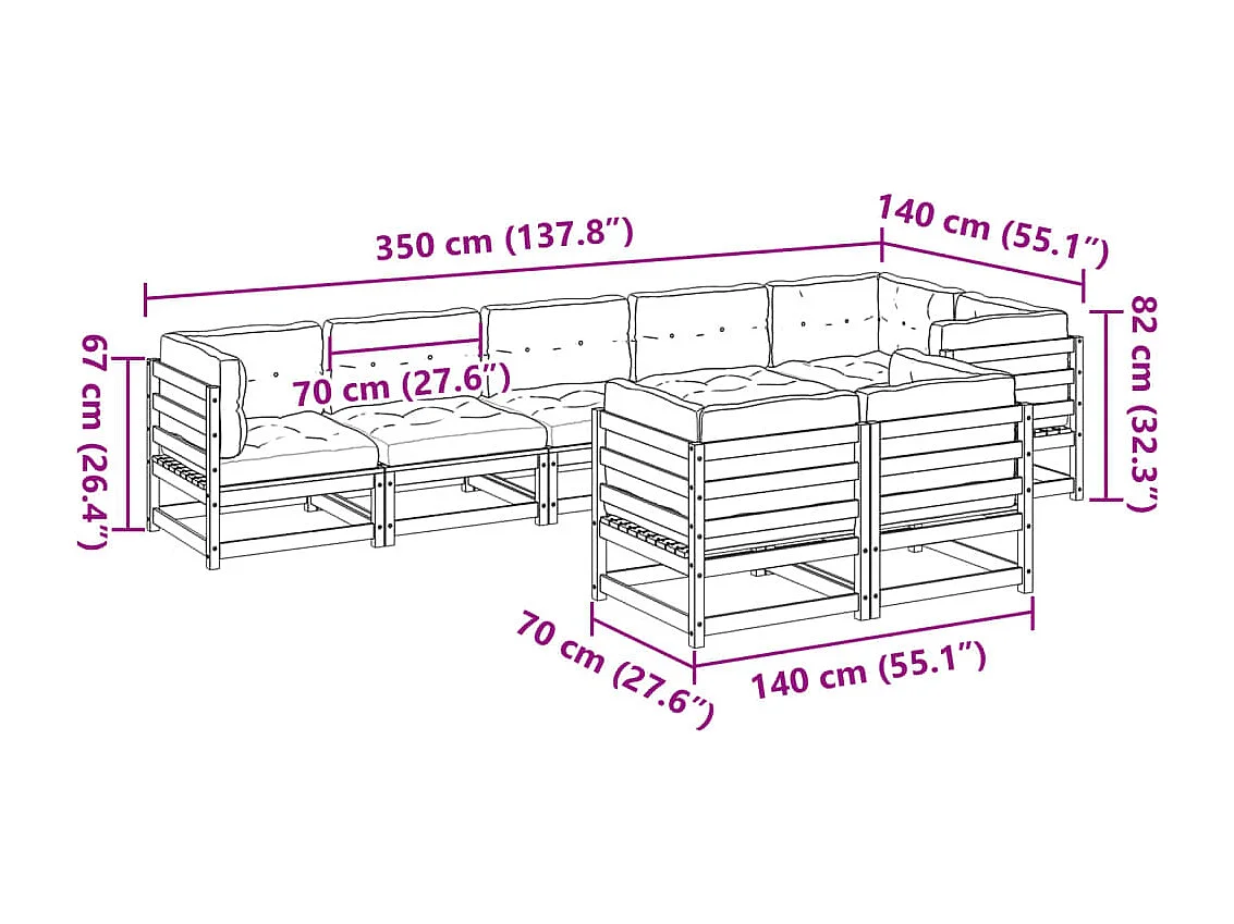 Salon de jardin 8 pcs avec coussins bois de pin imprégné