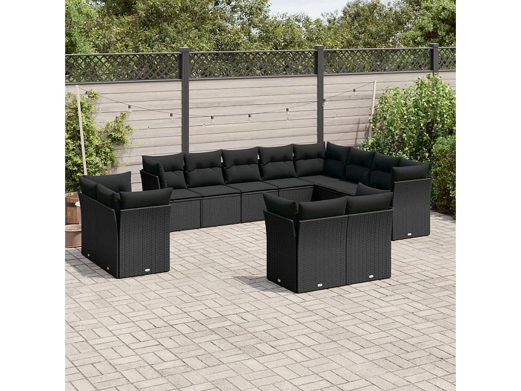 Salon de jardin 12 pcs avec coussins noir résine tressée