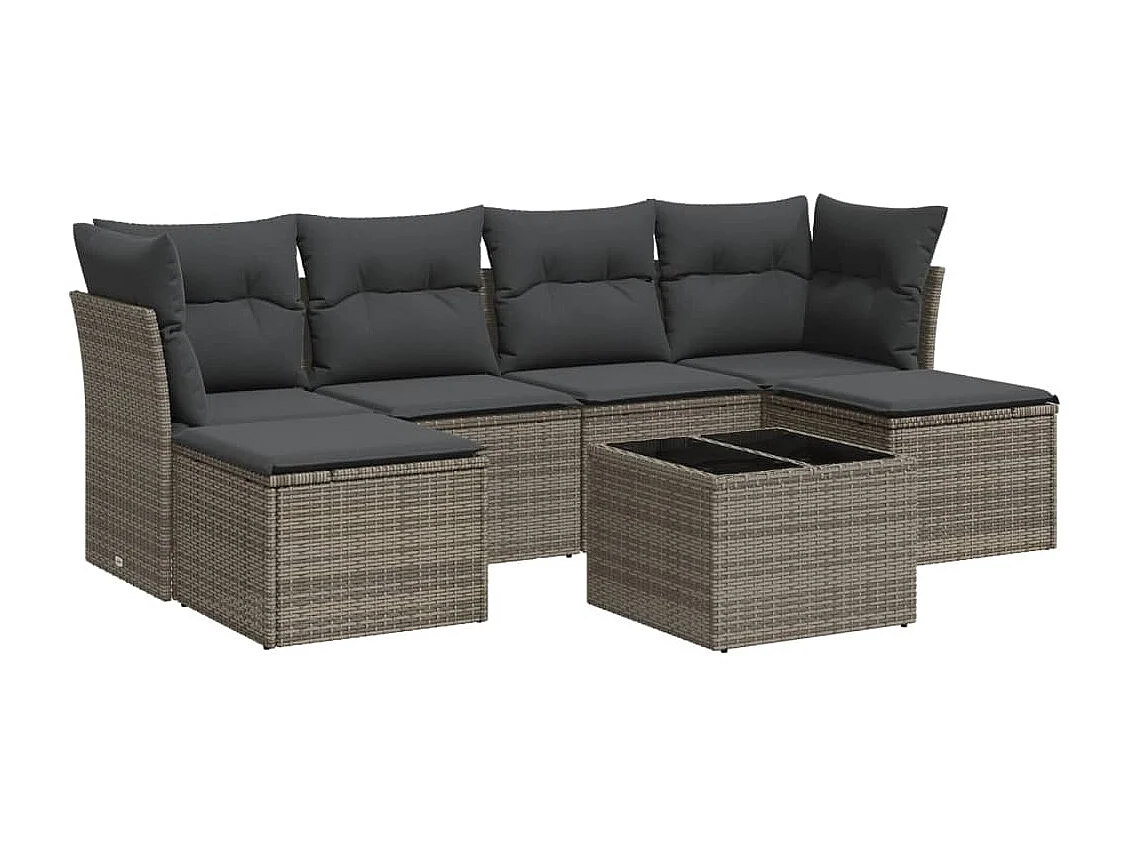 Salon de jardin avec coussins 7 pcs gris résine tressée