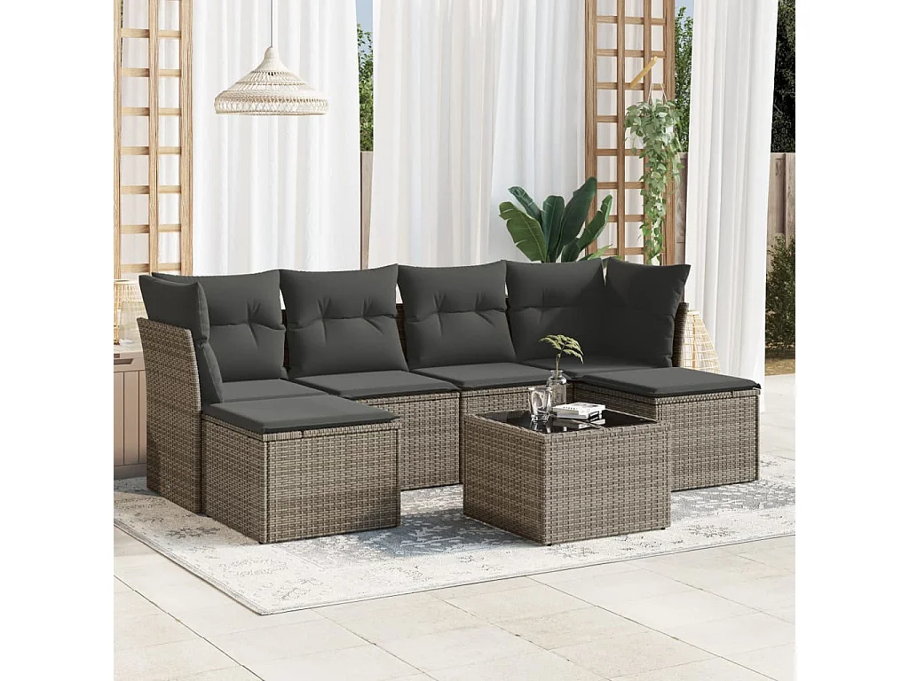 Salon de jardin avec coussins 7 pcs gris résine tressée