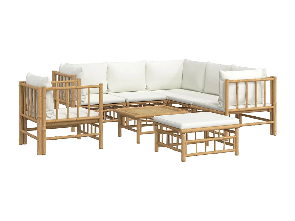 Salon de jardin 8 pcs avec coussins blanc crème bambou