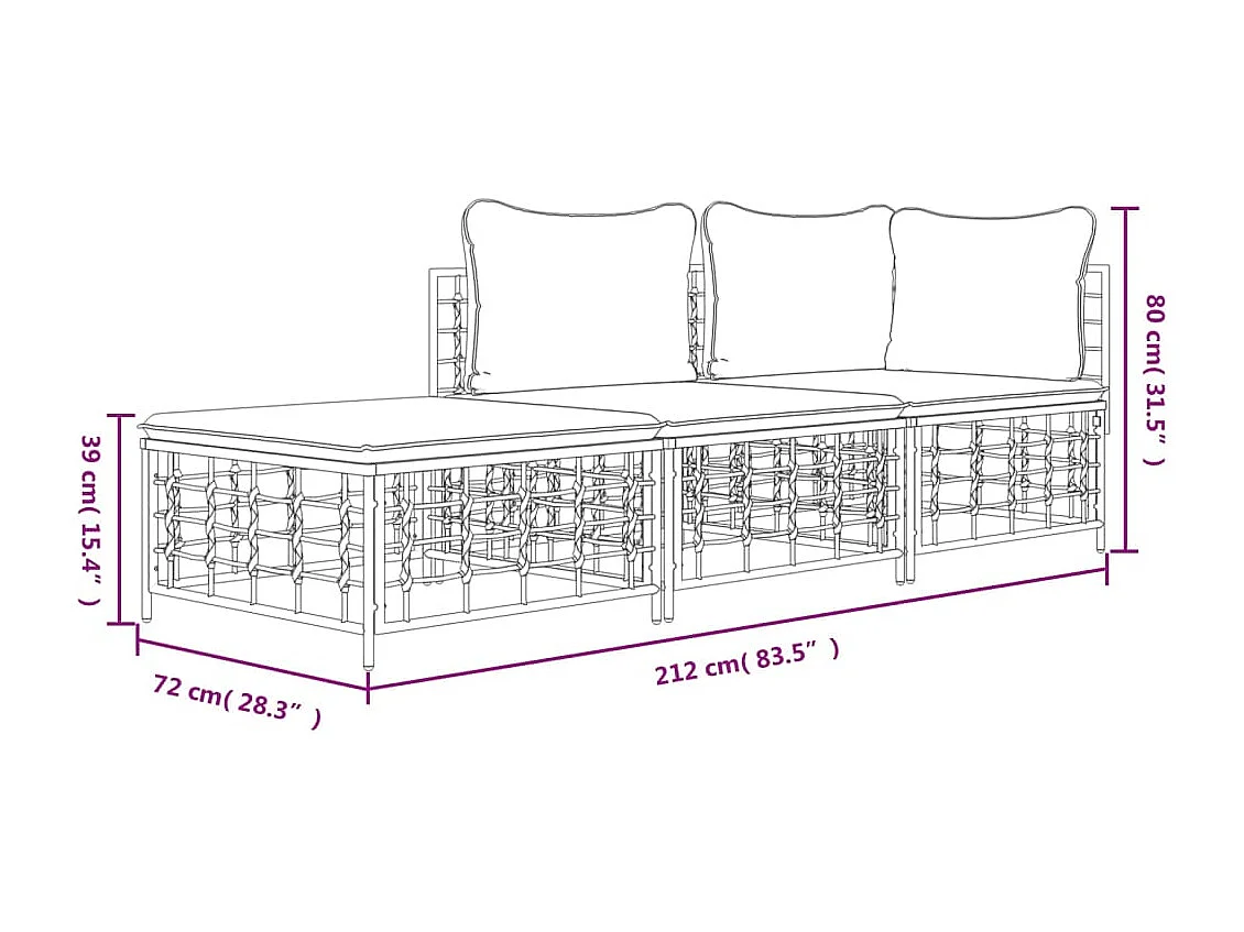 Salon de jardin 3 pcs avec coussins anthracite résine tressée