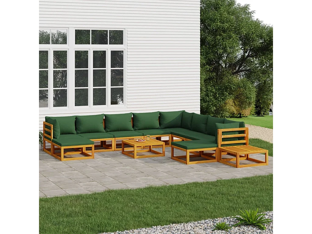 Salon de jardin 12 pcs avec coussins vert bois massif