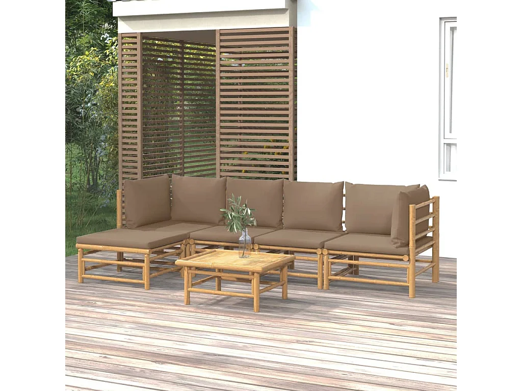 Salon de jardin 6 pcs avec coussins taupe bambou