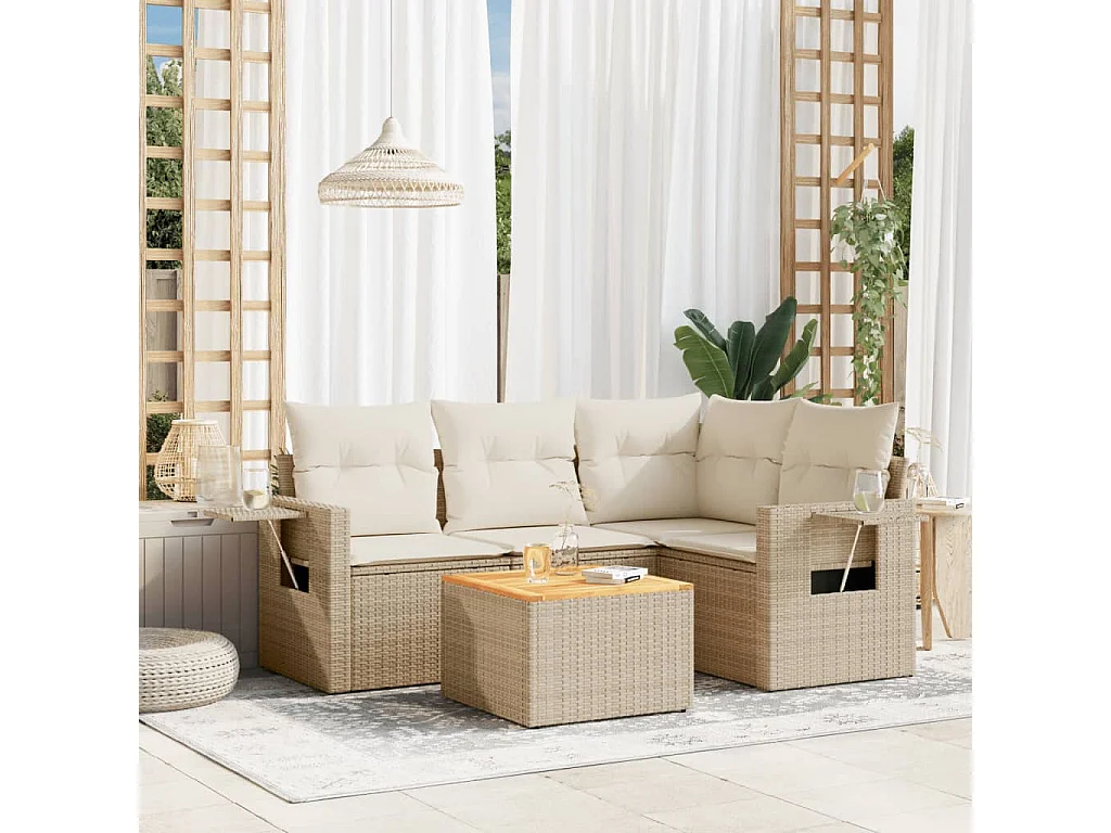 Salon de jardin avec coussins 5 pcs beige résine tressée