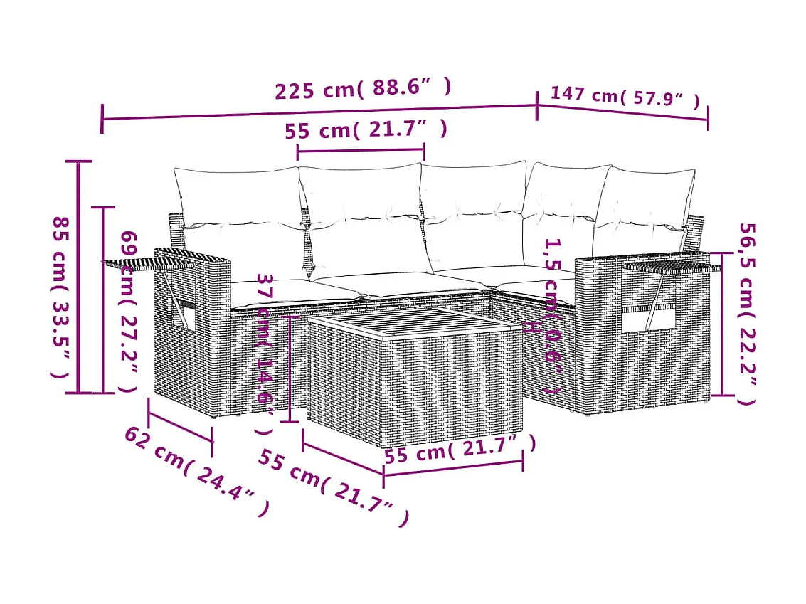 Salon de jardin avec coussins 5 pcs beige résine tressée