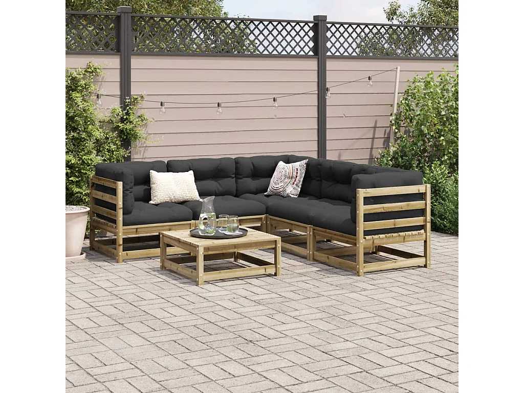 vidaXL Juego de sofás jardín 6 pzas con cojines madera pino impregnada Marrón