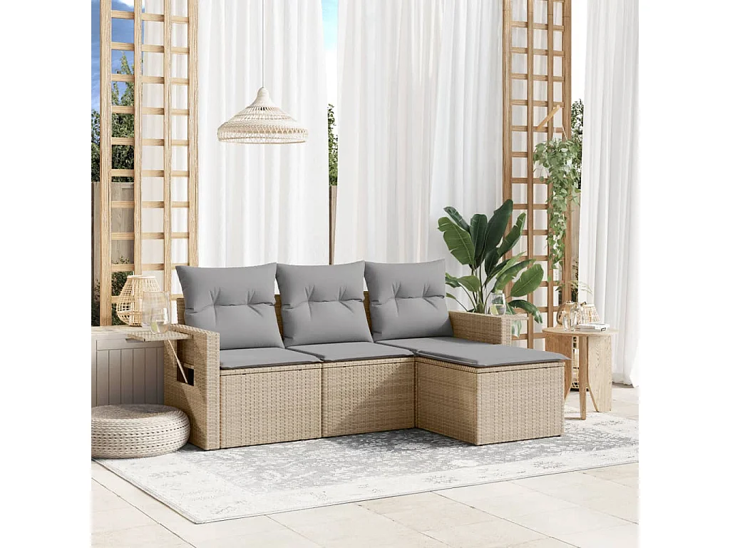 Salon de jardin avec coussins 4 pcs beige résine tressée