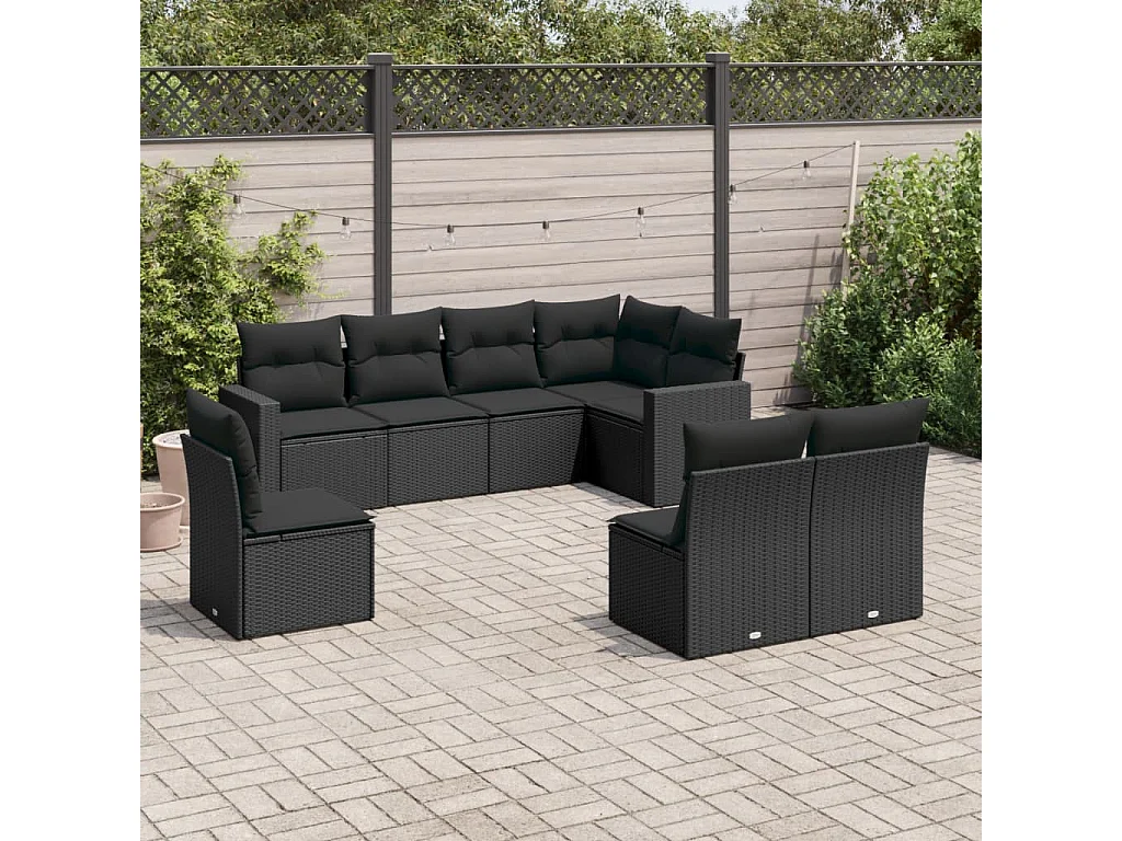 Salon de jardin 8 pcs avec coussins noir résine tressée