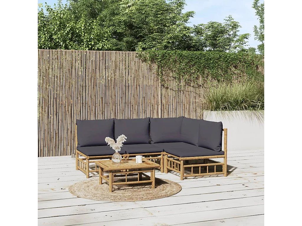 Salon de jardin 5 pcs avec coussins gris foncé bambou