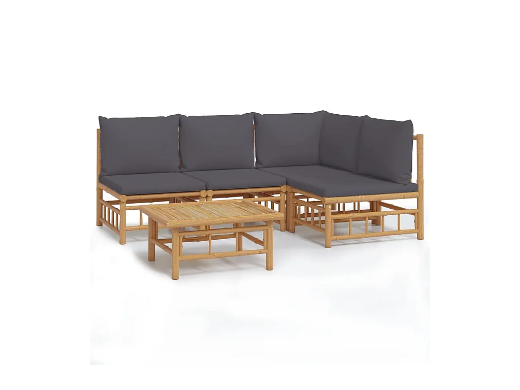 Salon de jardin 5 pcs avec coussins gris foncé bambou