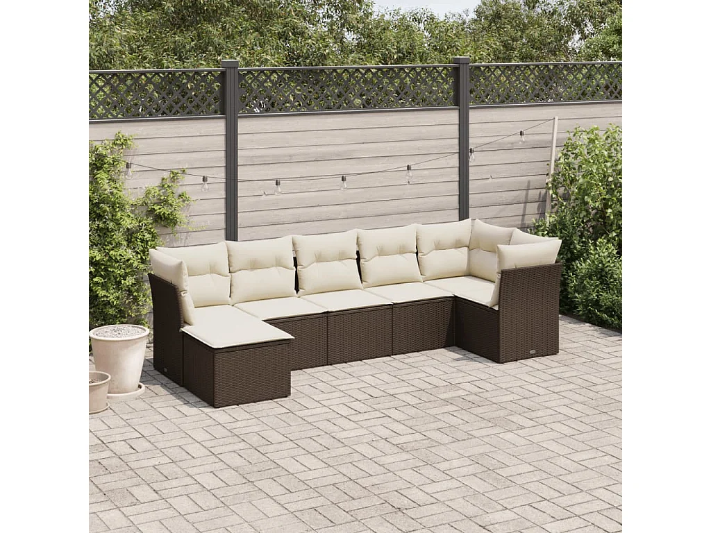 Salon de jardin avec coussins 7 pcs marron résine tressée