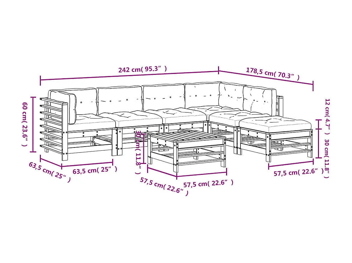 Salon de jardin 7 pcs avec coussins bois de pin imprégné