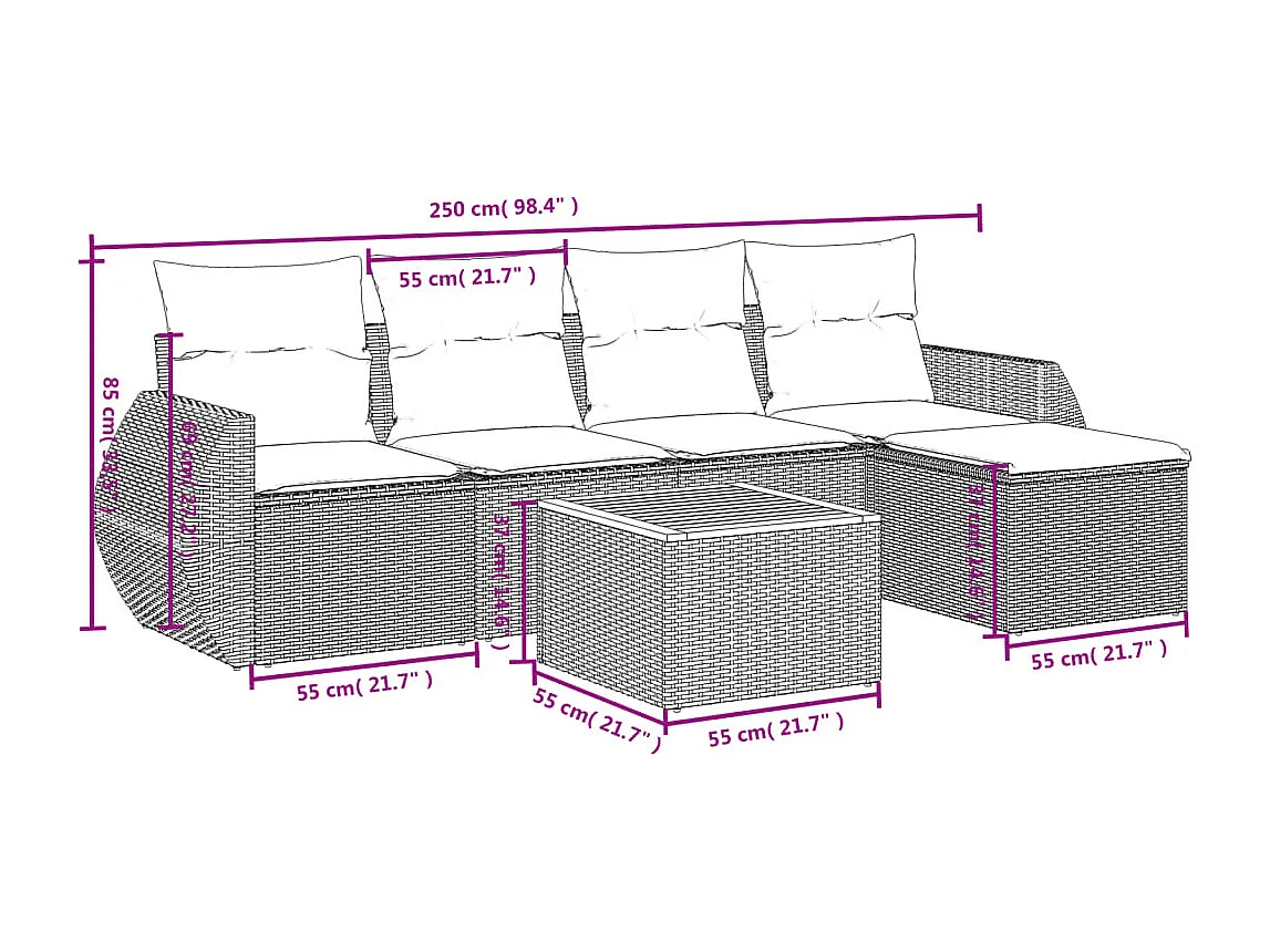 Salon de jardin 6 pcs avec coussins gris résine tressée