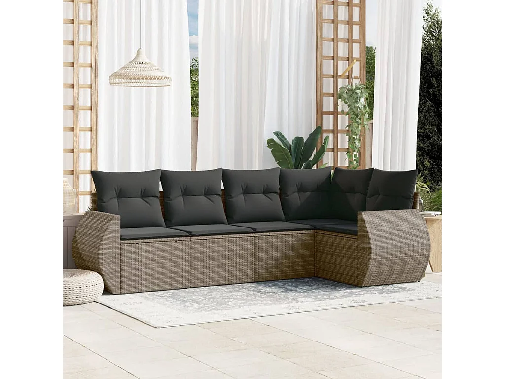 Salon de jardin 5 pcs avec coussins gris résine tressée