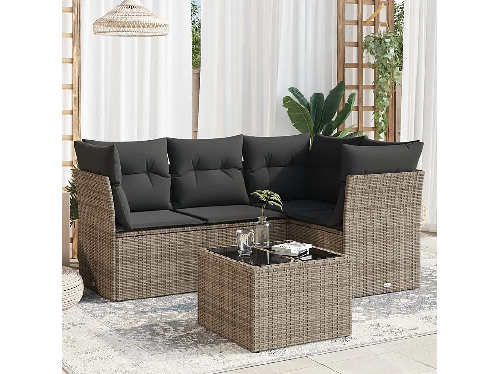 Salon de jardin 5 pcs avec coussins gris résine tressée