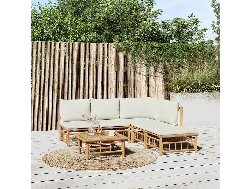 Salon de jardin 6 pcs avec coussins blanc crème bambou