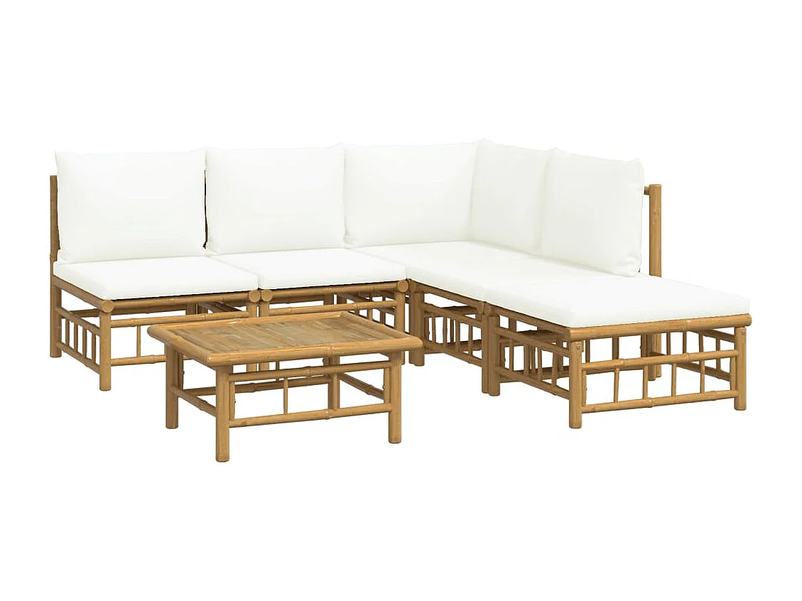 Salon de jardin 6 pcs avec coussins blanc crème bambou