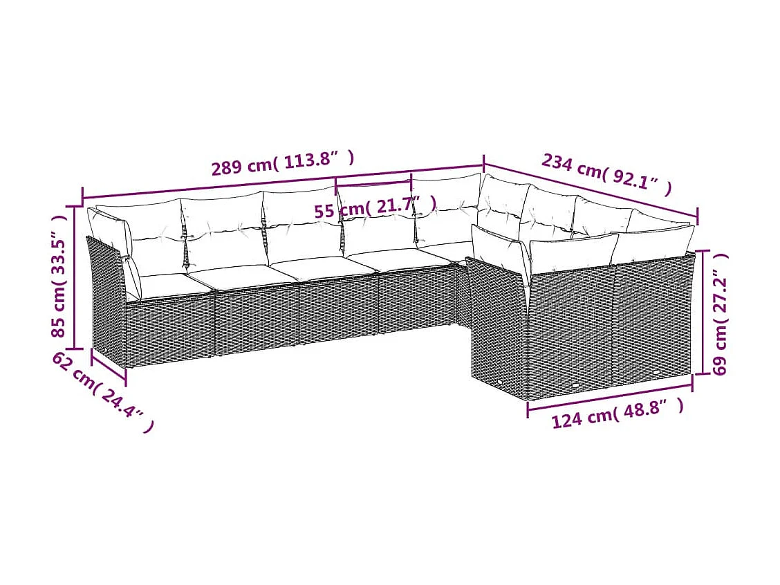 Salon de jardin avec coussins 9 pcs marron résine tressée