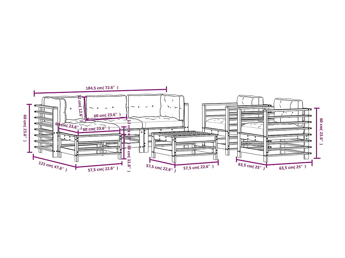 Salon de jardin 7 pcs avec coussins bois massif