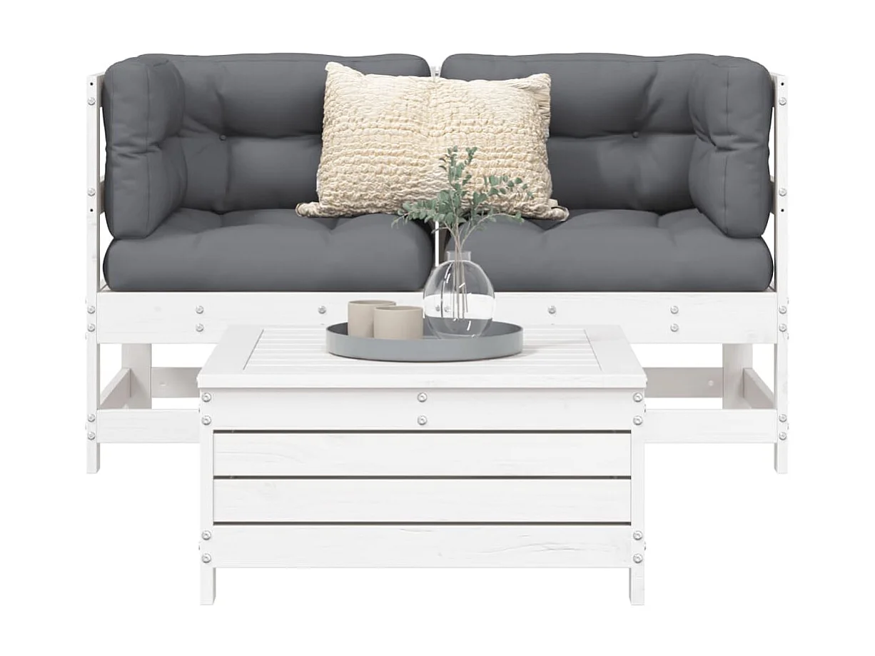 Salon de jardin 3 pcs blanc bois de pin massif