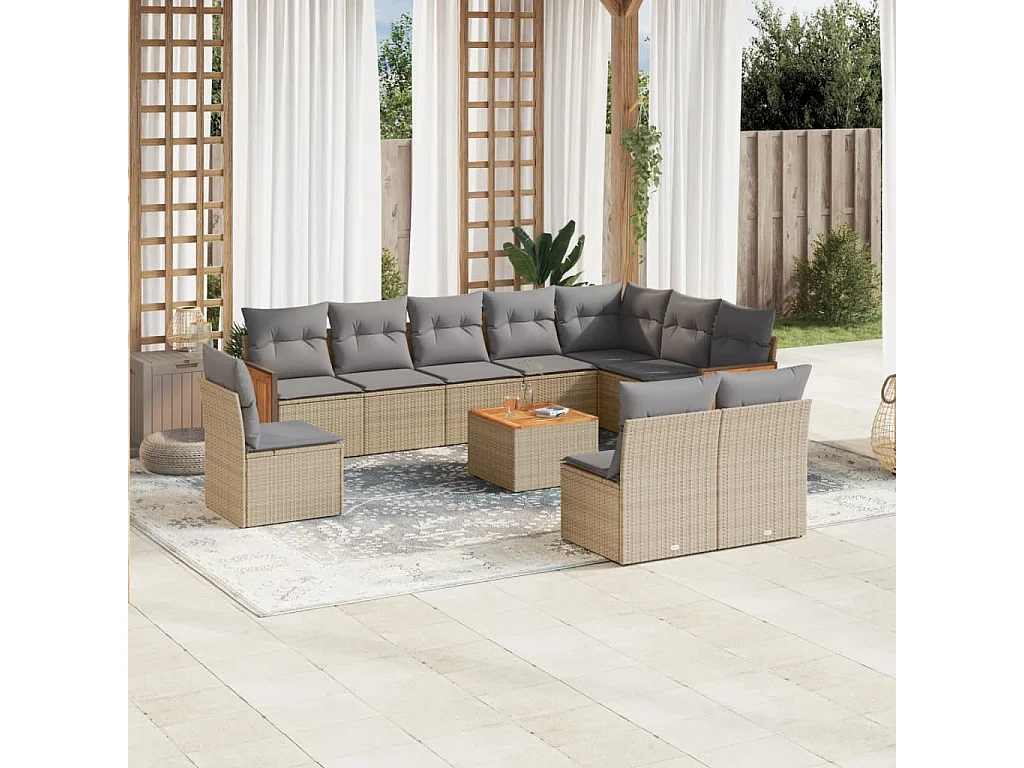 Salon de jardin 11 pcs avec coussins beige résine tressée