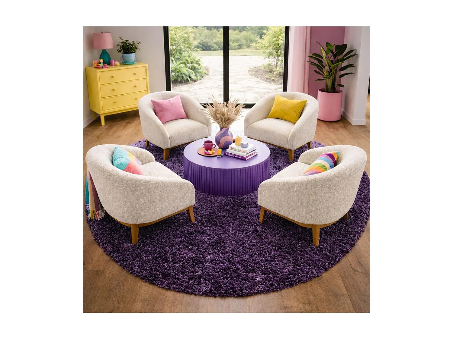 Tapis poils longs shaggy Ø80cm rond tissé violet motif uni UNI L