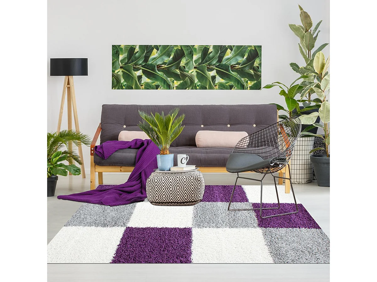 Tapis poils longs shaggy 80x150 rectangle tissé violet et gris motif damier