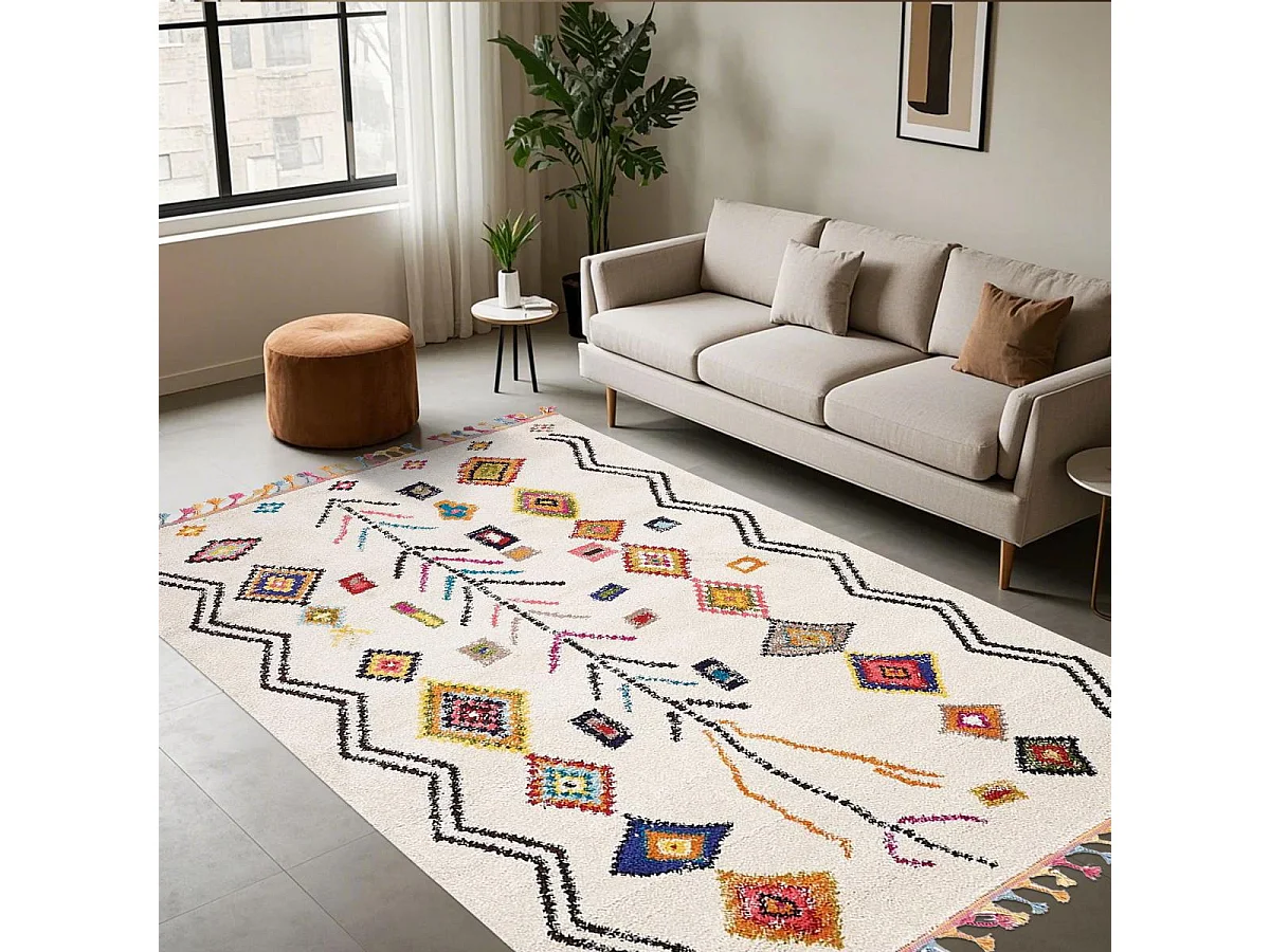 Tapis berbère 60x110 tissé motif ethnic LYN5 OURIKA E ivoire