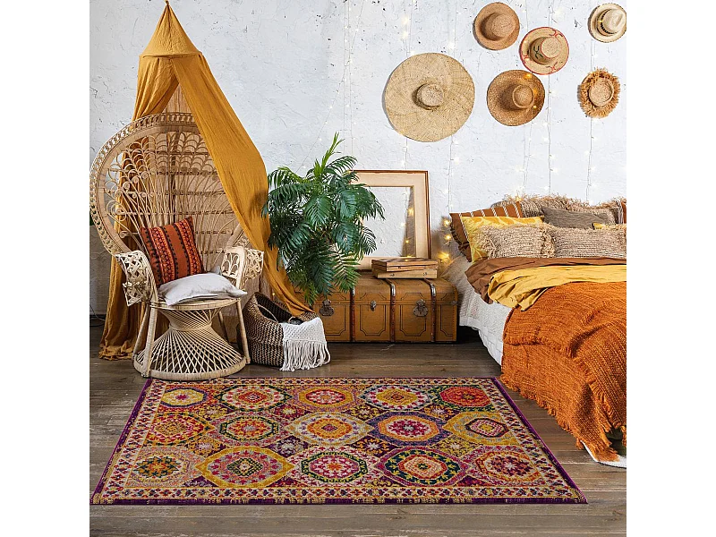 Tapis oriental 160x220 rectangle rouge et jaune tissé motif ethnique PECHA