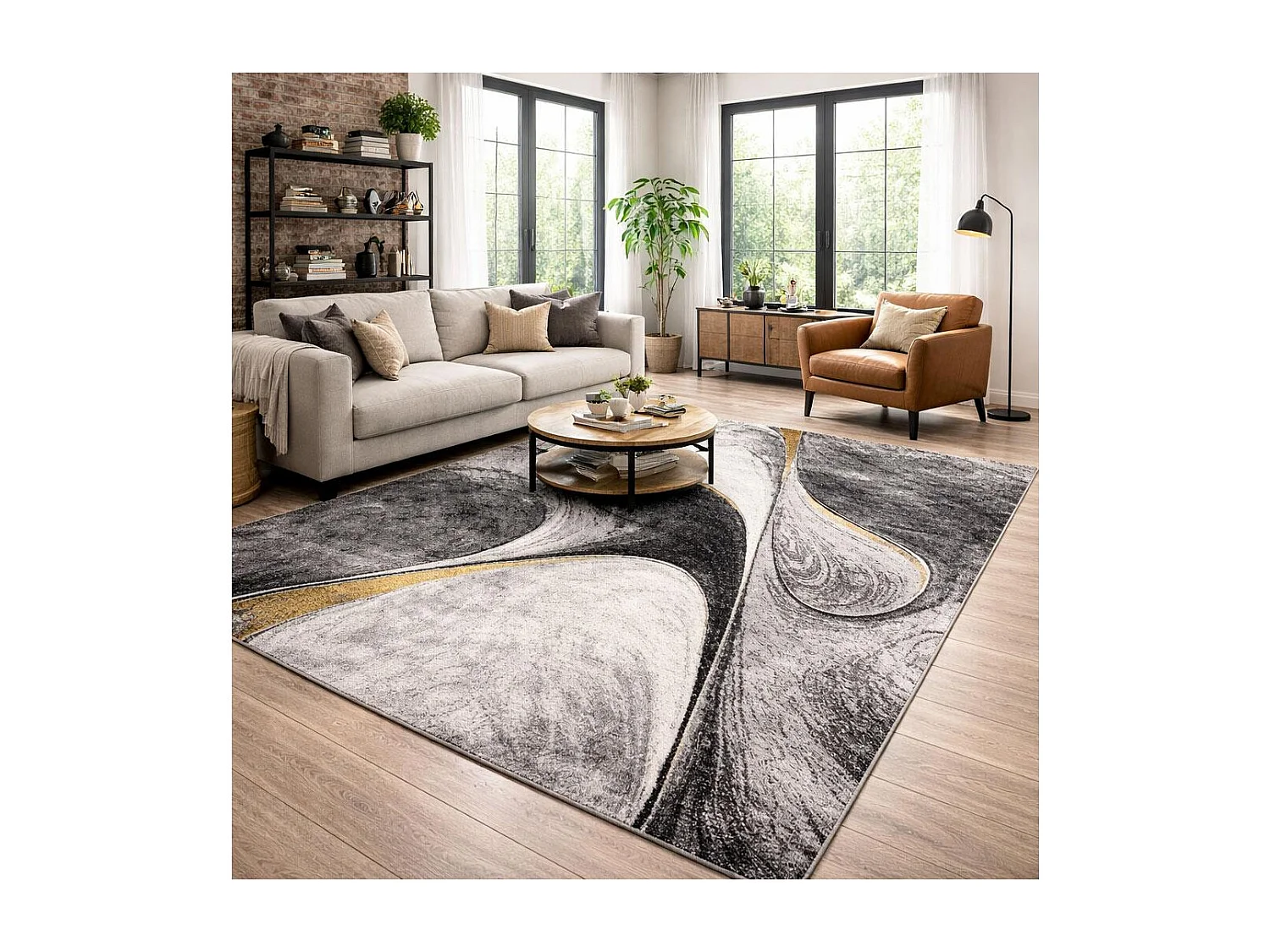 tapis salle à manger 280x380 tissé jaune et gris rectangle motif géométrique