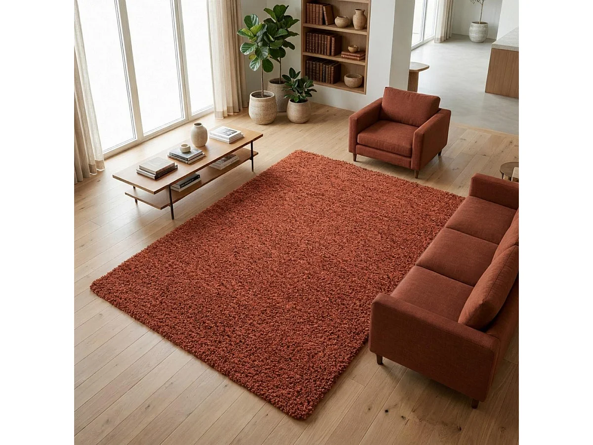 Alfombra Shaggy de pelo largo 160x230 rectangular tejida con motivos lisos color terra UNI L