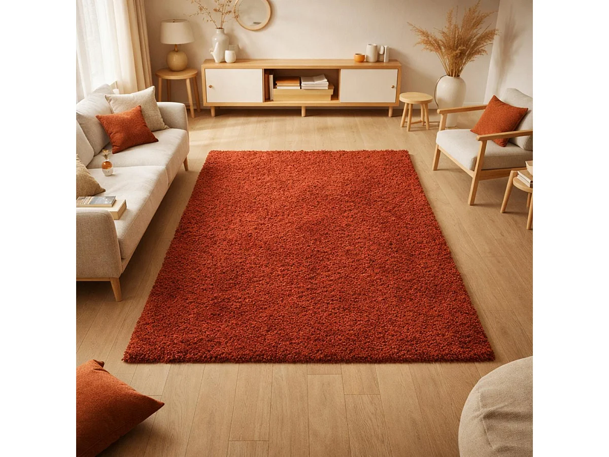 Alfombra Shaggy de pelo largo 160x230 rectangular tejida con motivos lisos color terra UNI L