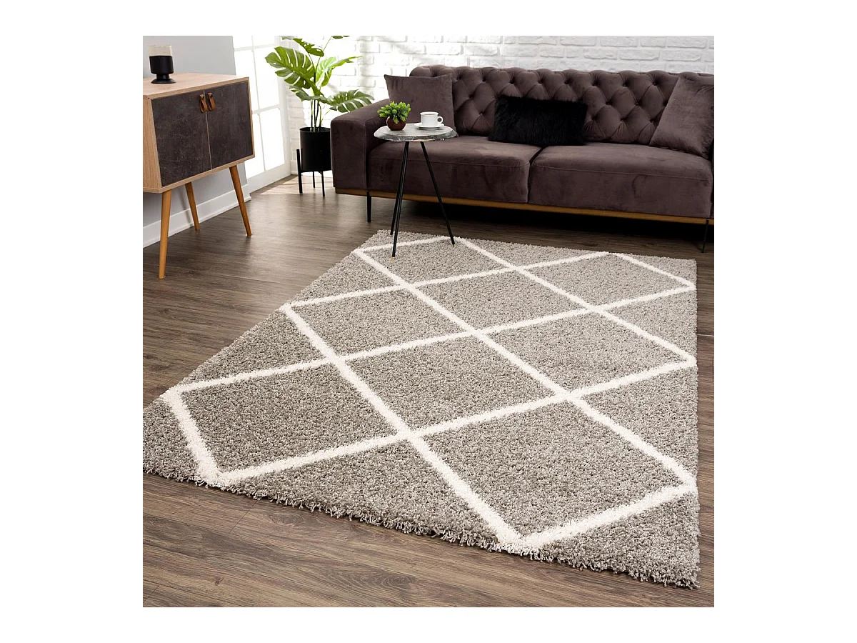 Tapis longs poils shaggy 200x290 rectangle tissé gris motif scandinave