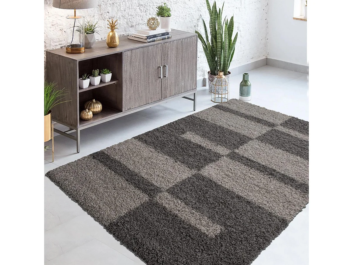 Tapis poils longs shaggy 280x370 rectangle tissé beige et marron