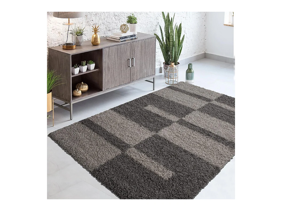 Tapis poils longs shaggy 280x370 rectangle tissé beige et marron