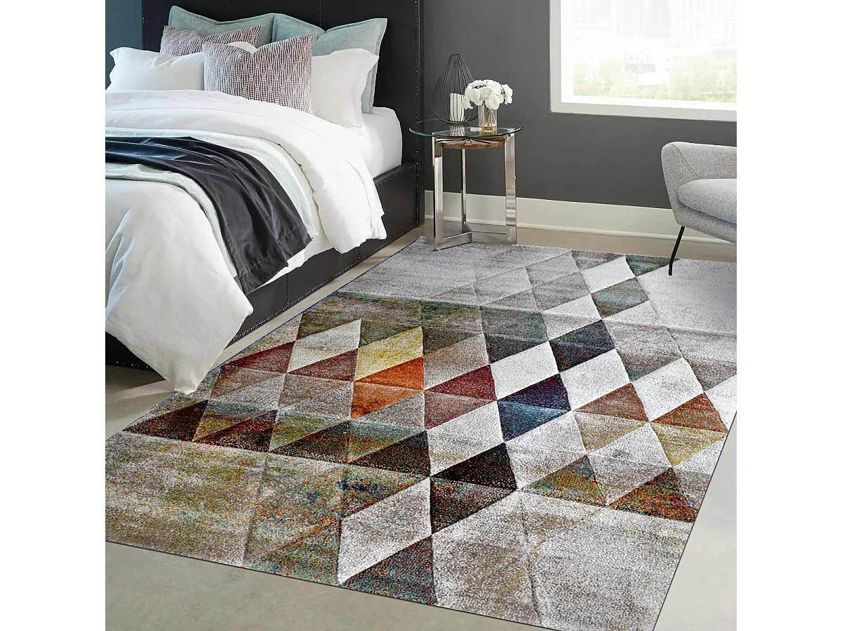 tapis salon 140x200 tissé beige rectangle motif géométrique LYN8 BELO 19