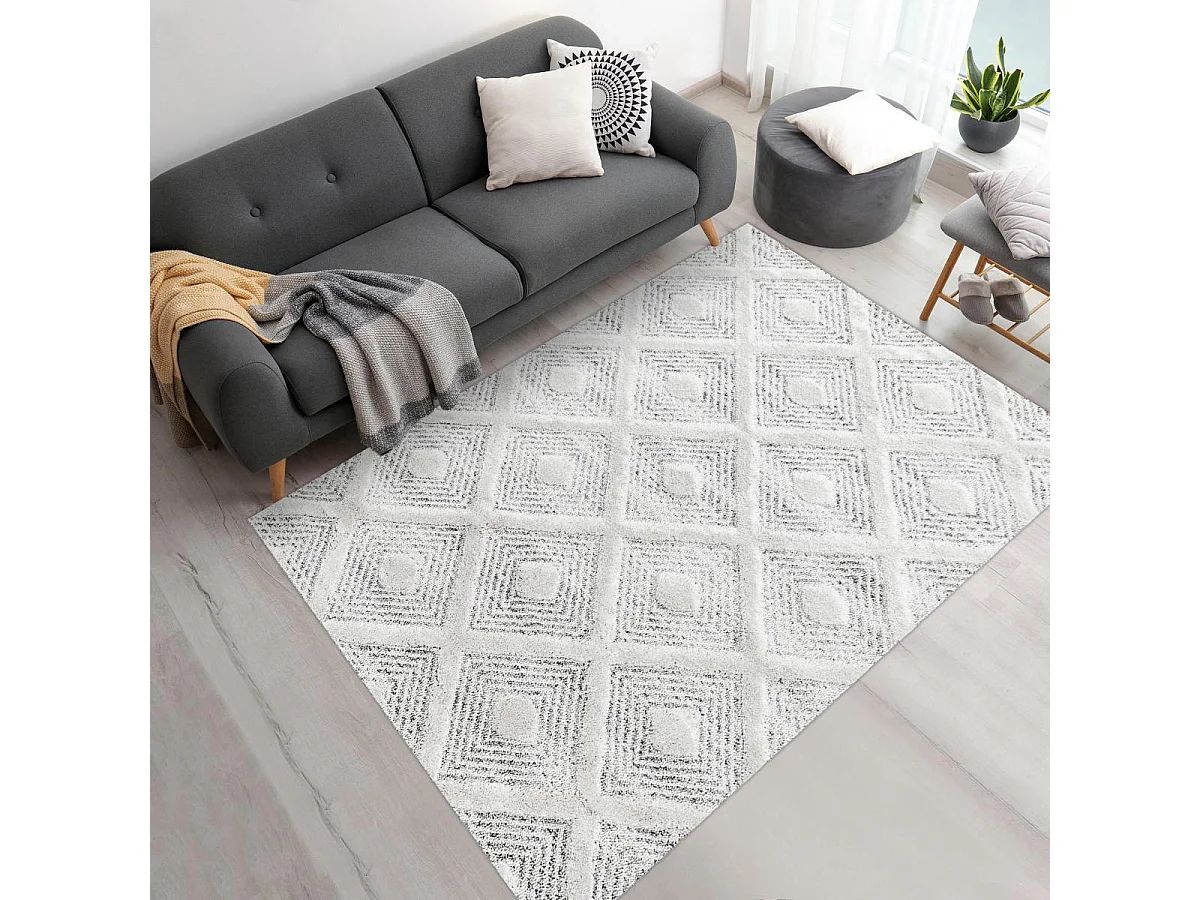 tapis chambre Ø160cm tissé gris et blanc rond motif scandinave PISTIOUM