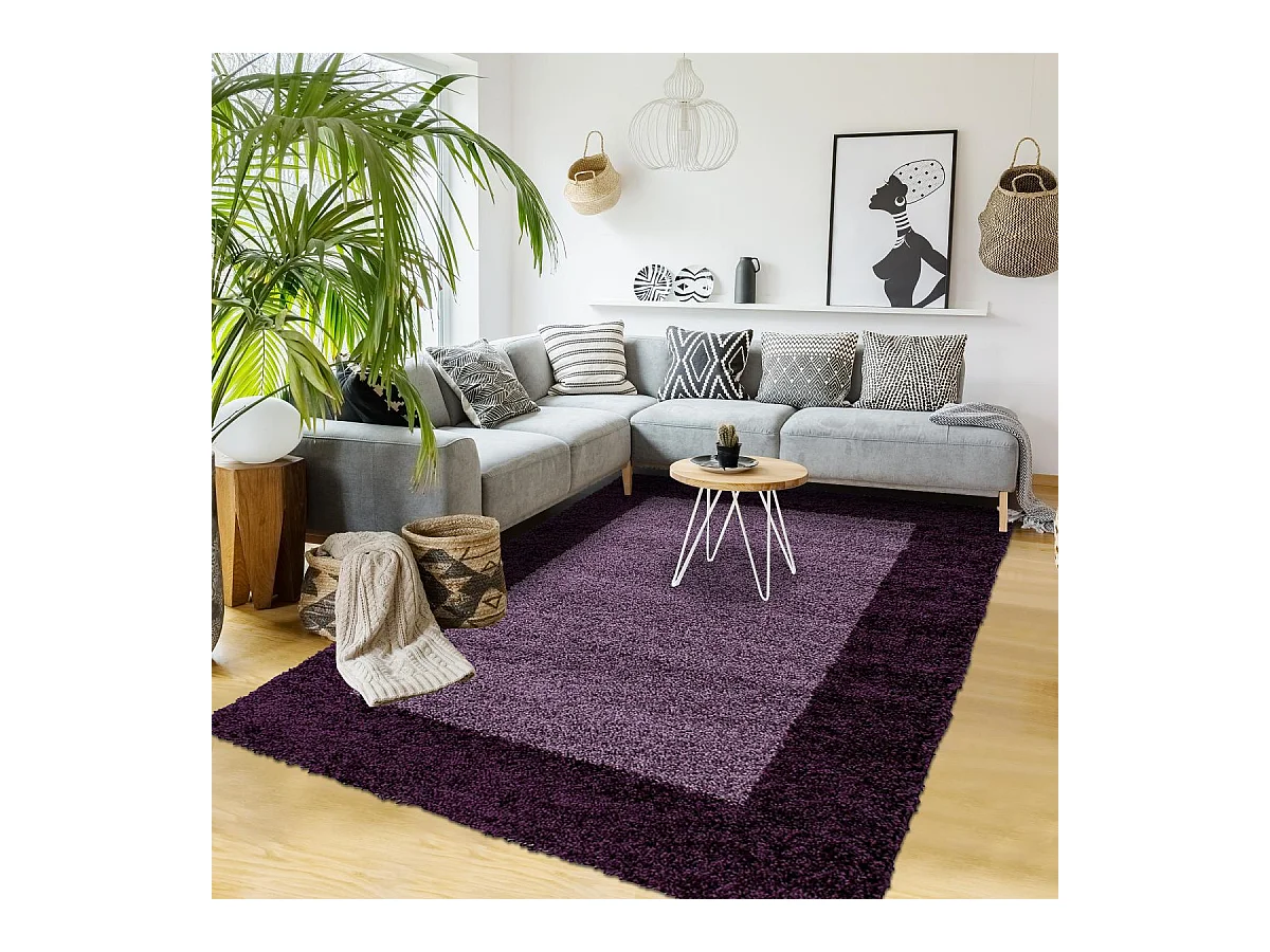 Tapis poils longs shaggy Ø200cm rond tissé violet et pourpre motif simple
