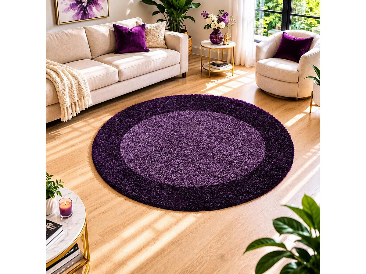 Alfombra peluda de pelo largo Ø200cm tejida redonda con motivos sencillos en violeta y morado