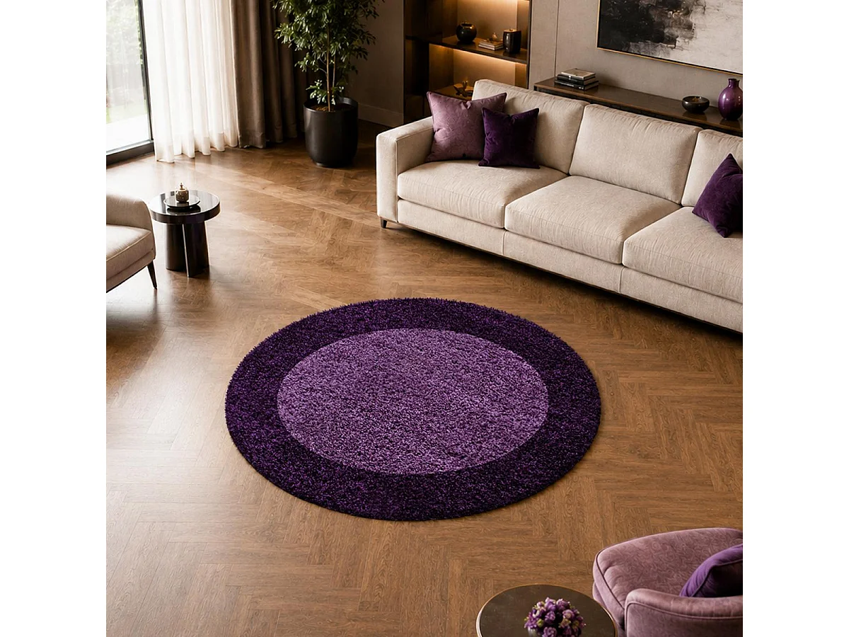 Alfombra peluda de pelo largo Ø200cm tejida redonda con motivos sencillos en violeta y morado