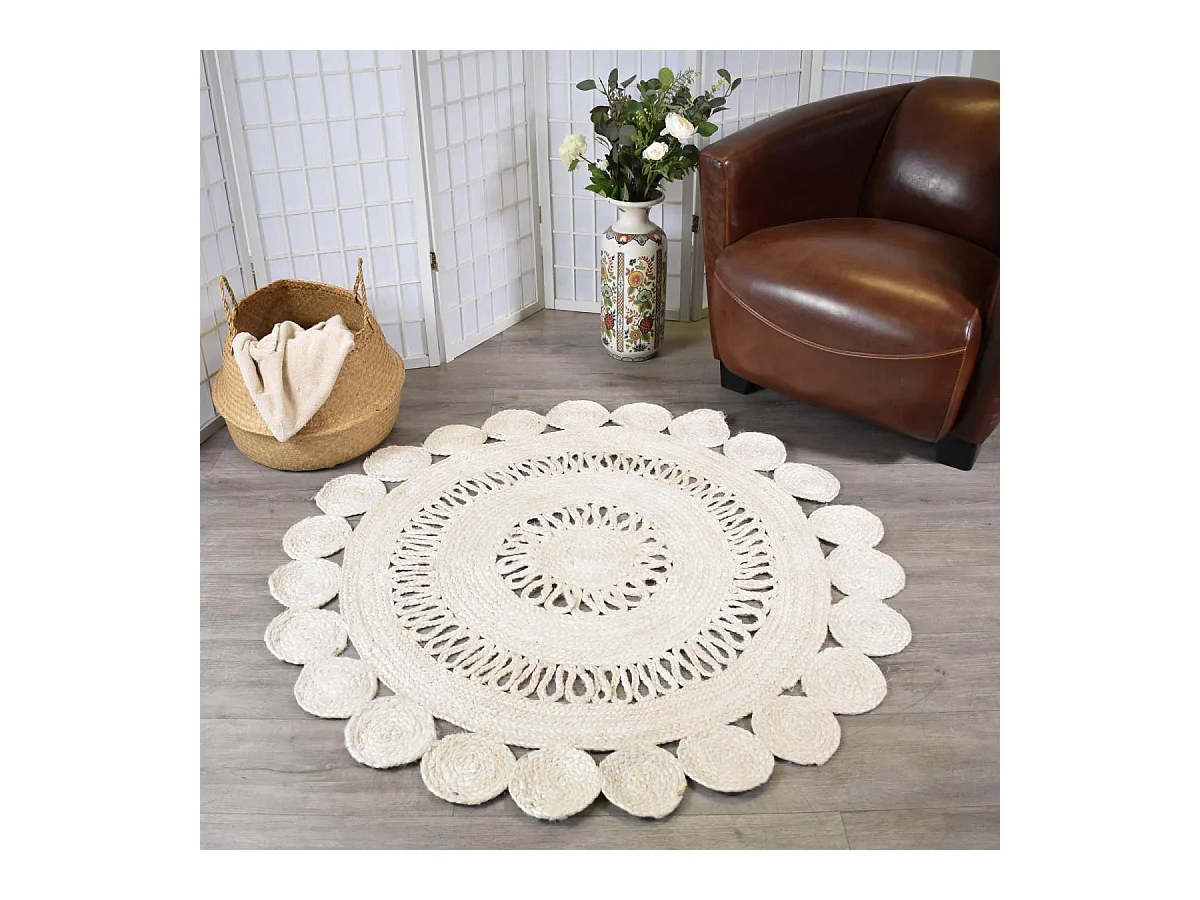 Tapis rond Ø120cm fait à la main en jute motif uni pour salon ESPRIT