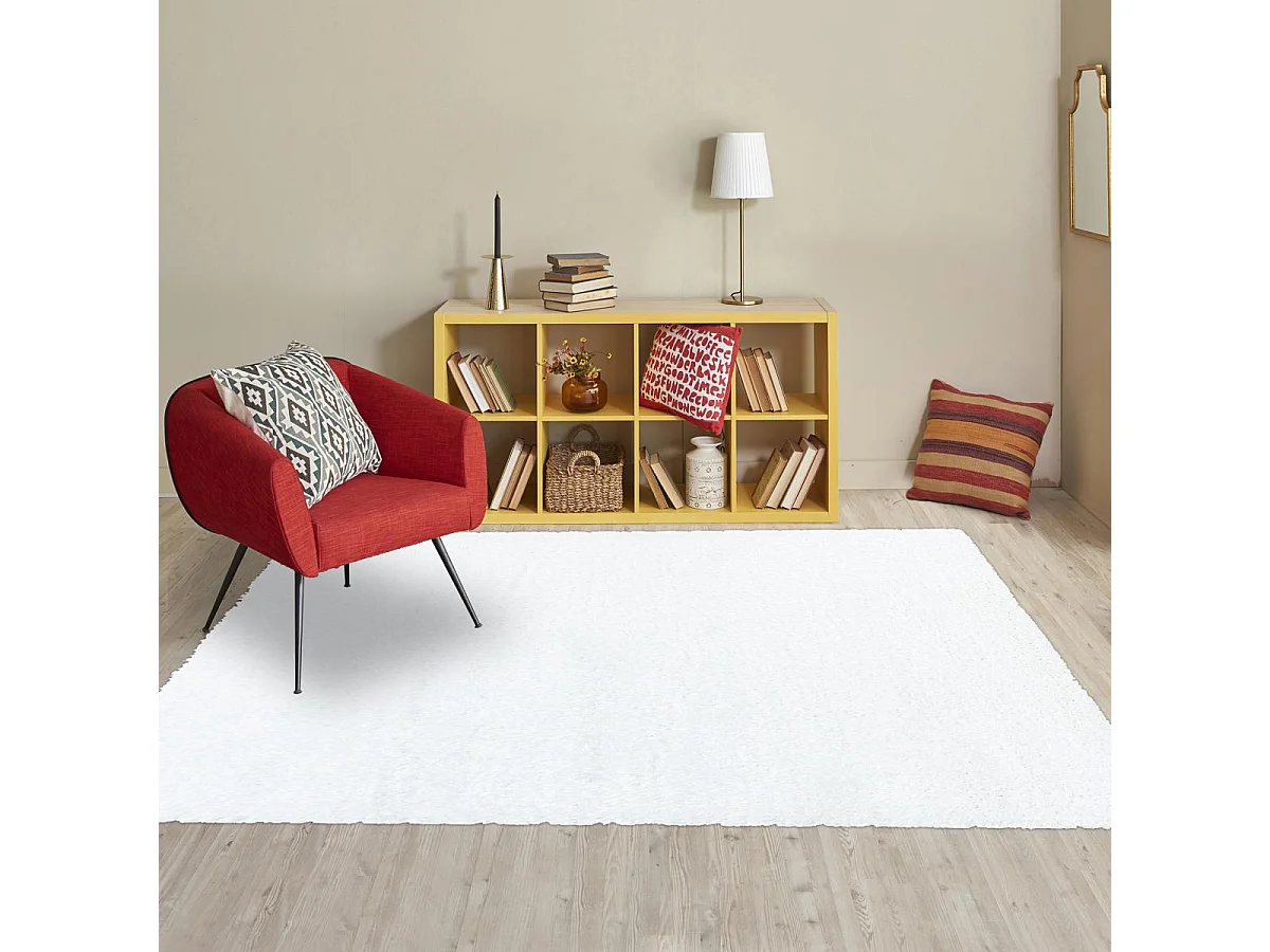 Tapis longs poils shaggy 80x250 rectangle tissé blanc motif uni UNI A