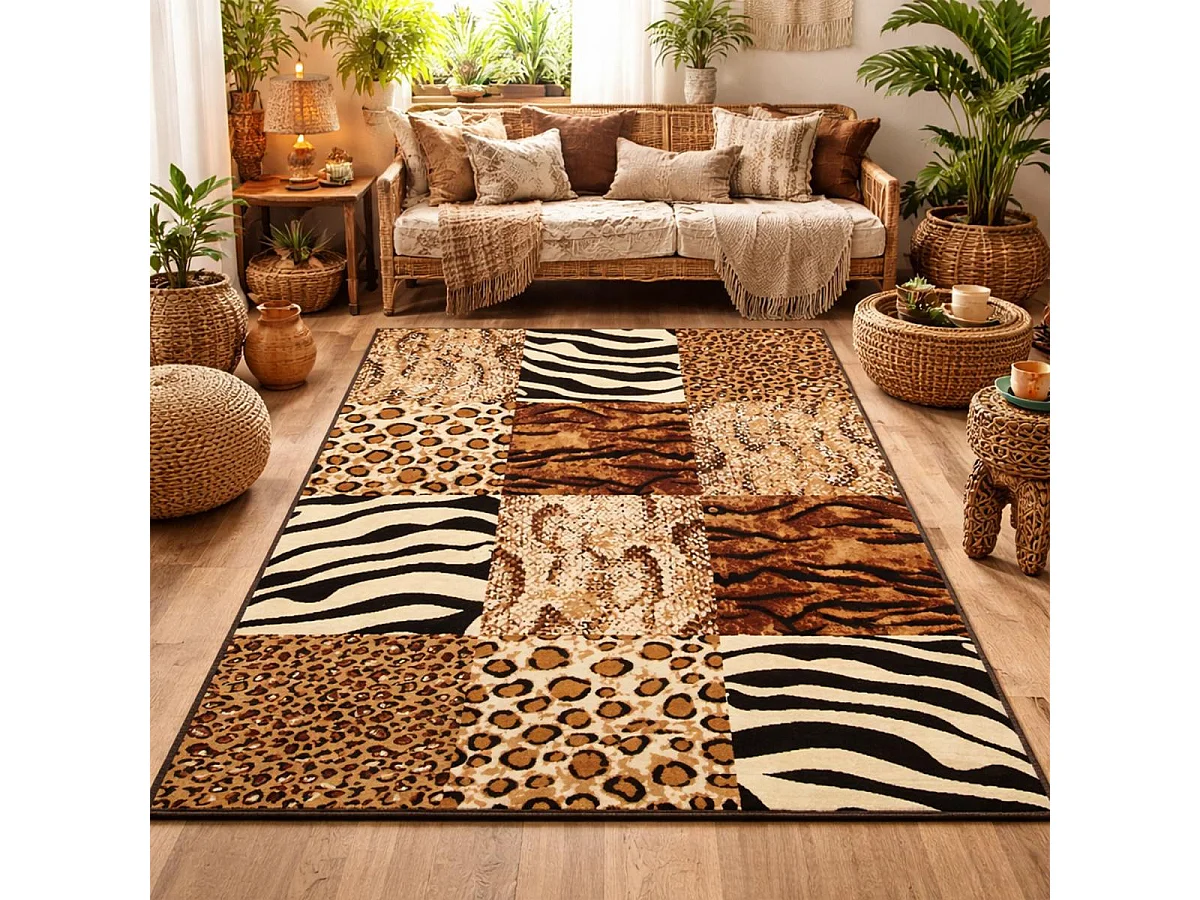 tapis salon 160x225 tissé beige rectangle motif animaux LYN1 SAVANA